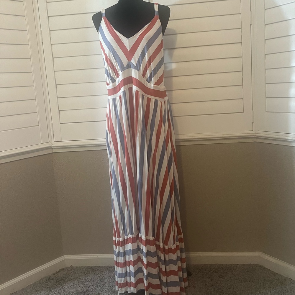 Red, white, and blue striped maxi dress with adjustable straps and pockets.